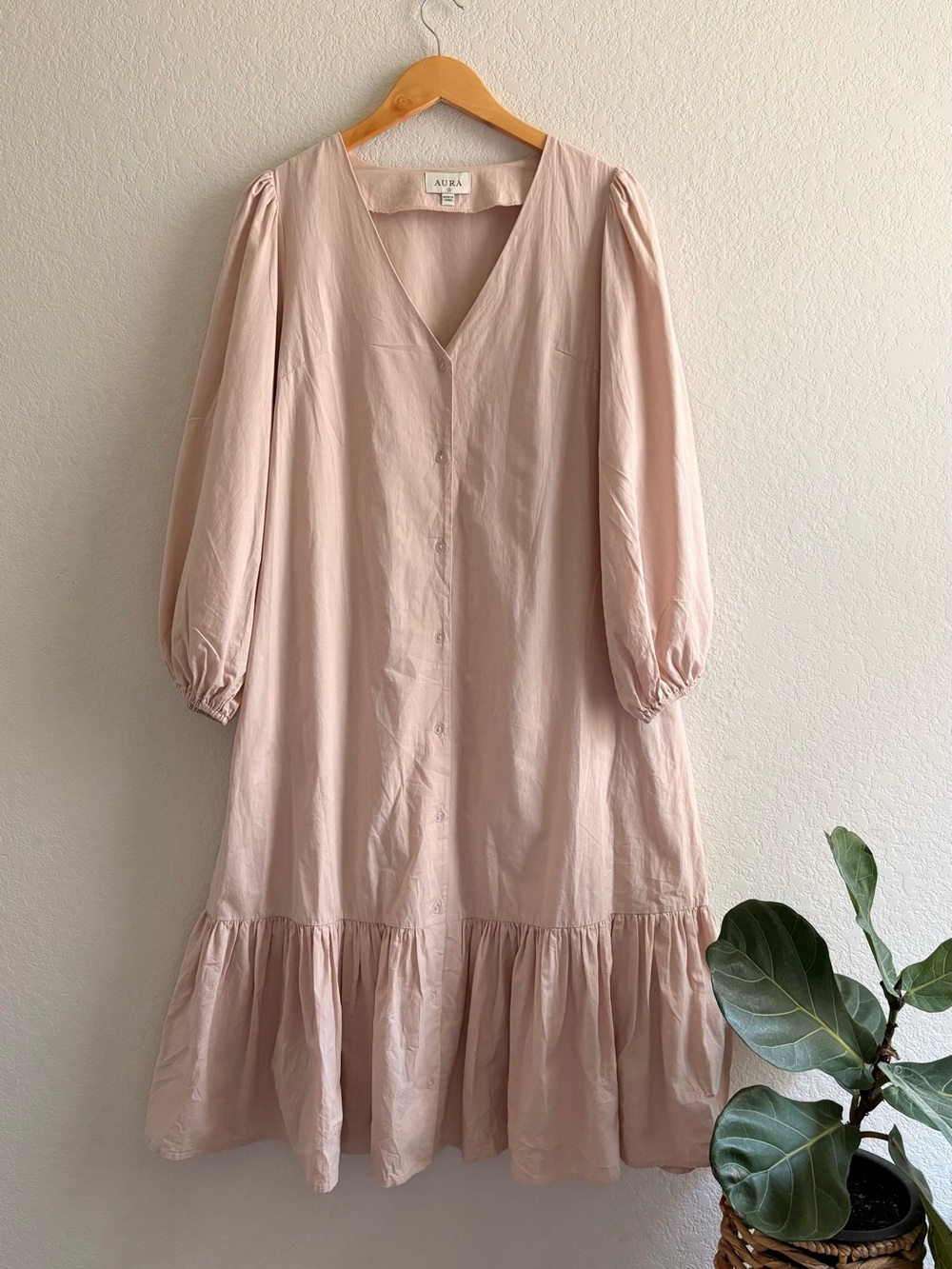 Aura Pale Pink Midi Belted Button Up Dress Lagenlook Ruffle Balloon Sleeve S